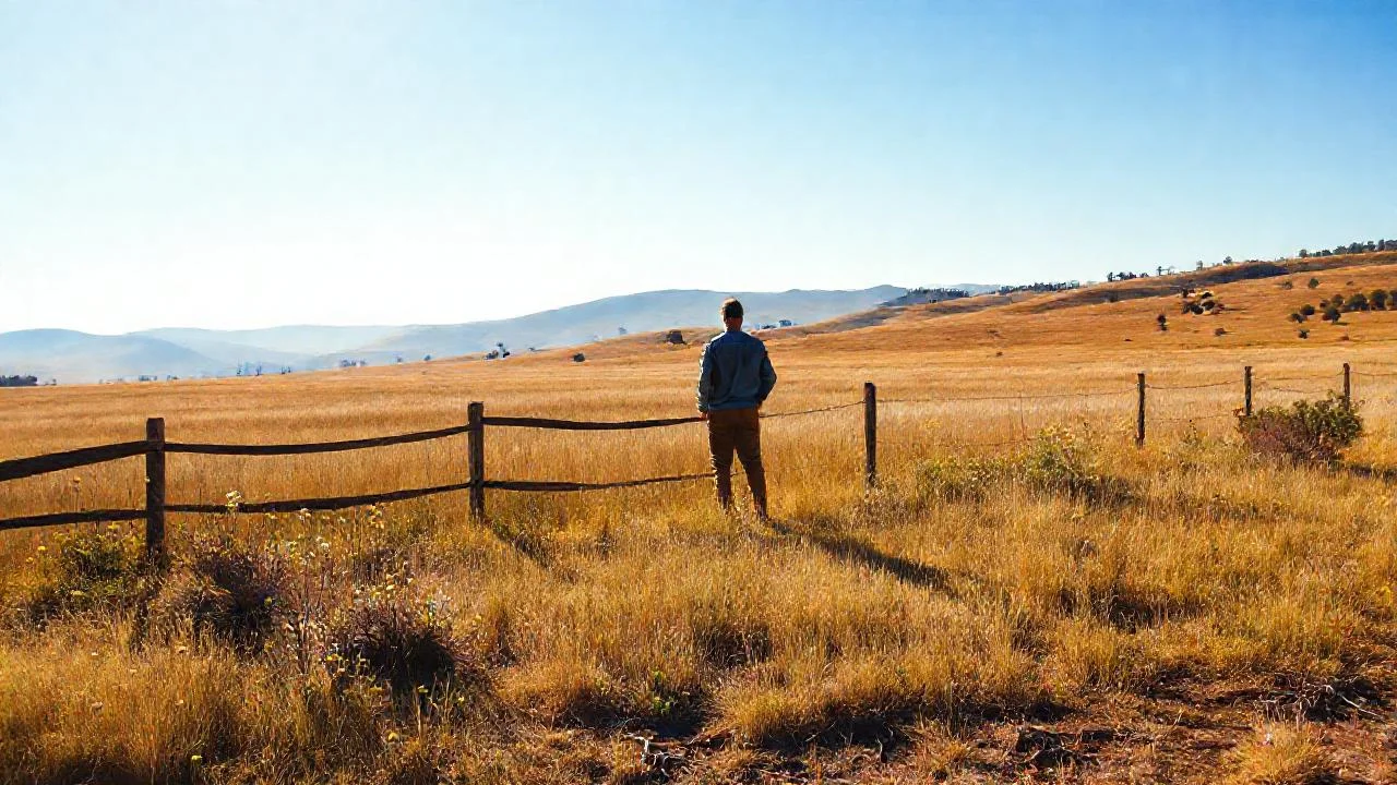 Campo abierto, luz cálida, figura solitaria