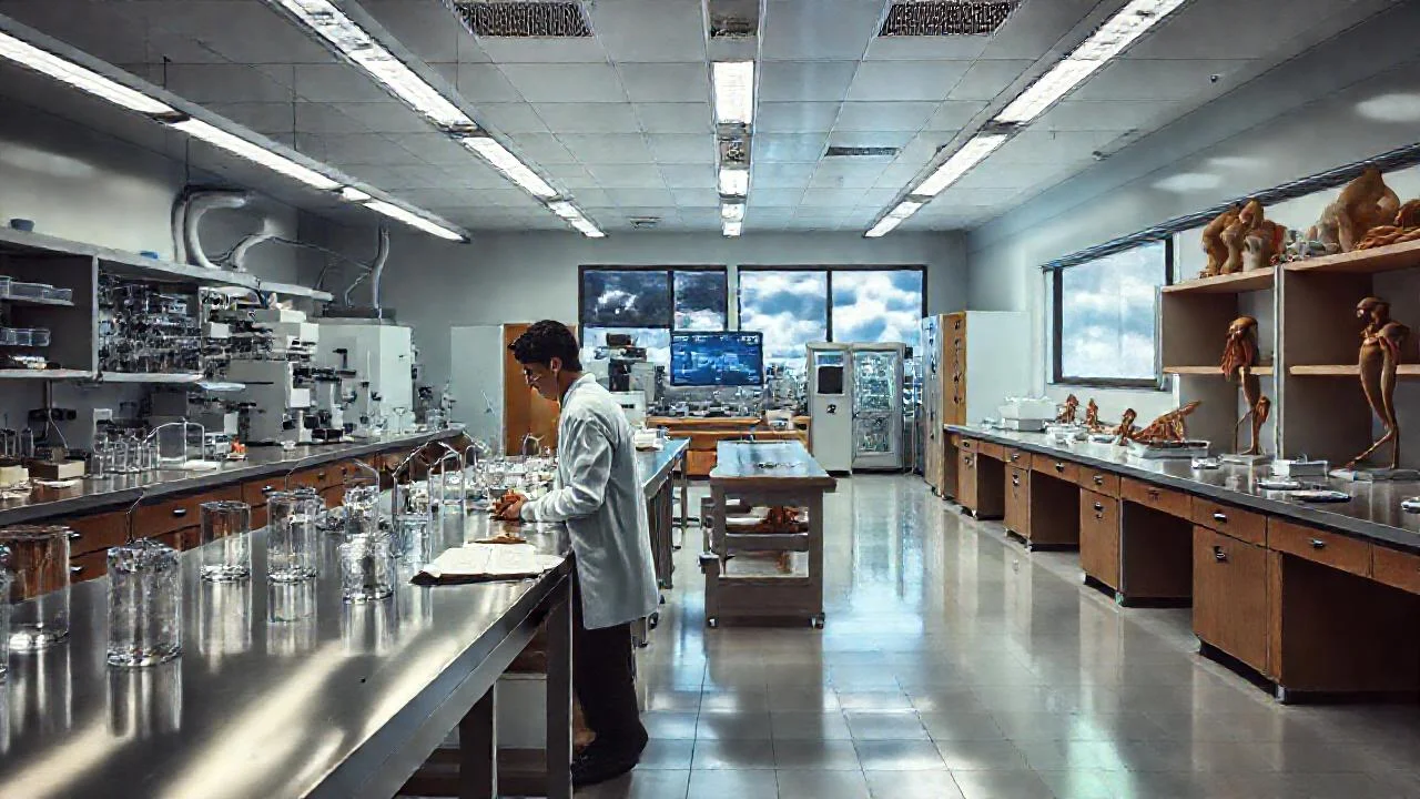 Laboratorio científico, ordenado y lleno de detalle