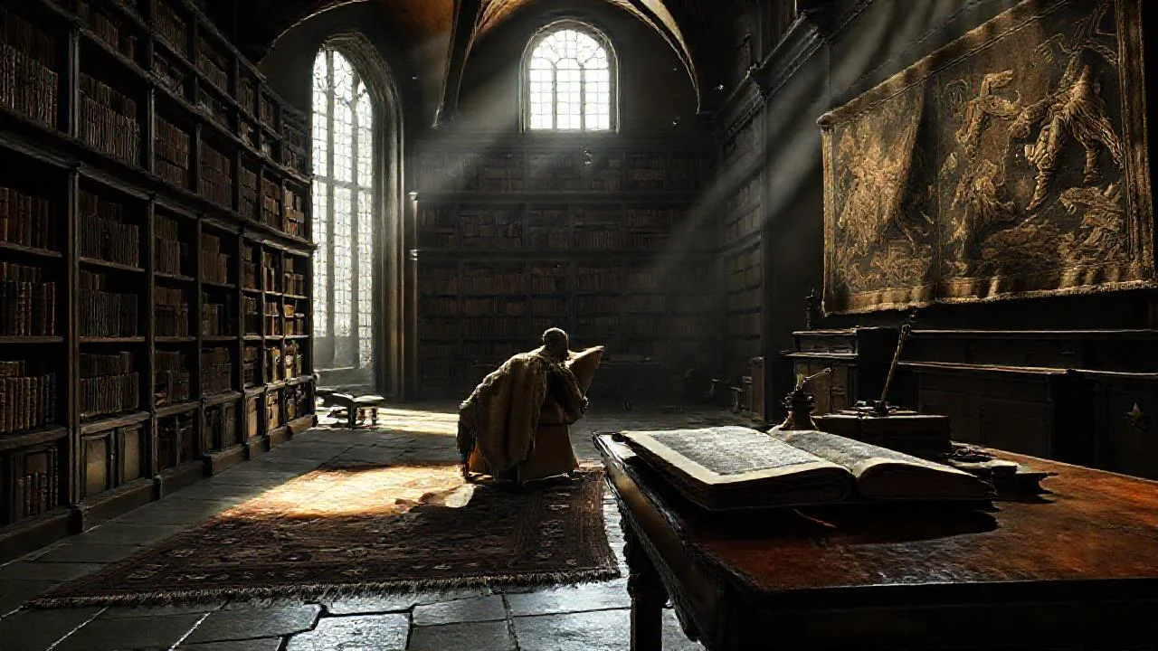 Una biblioteca antigua, silenciosa y vasta