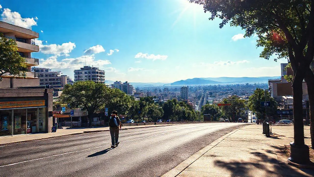 Ciudad vibrante bajo cielo azul