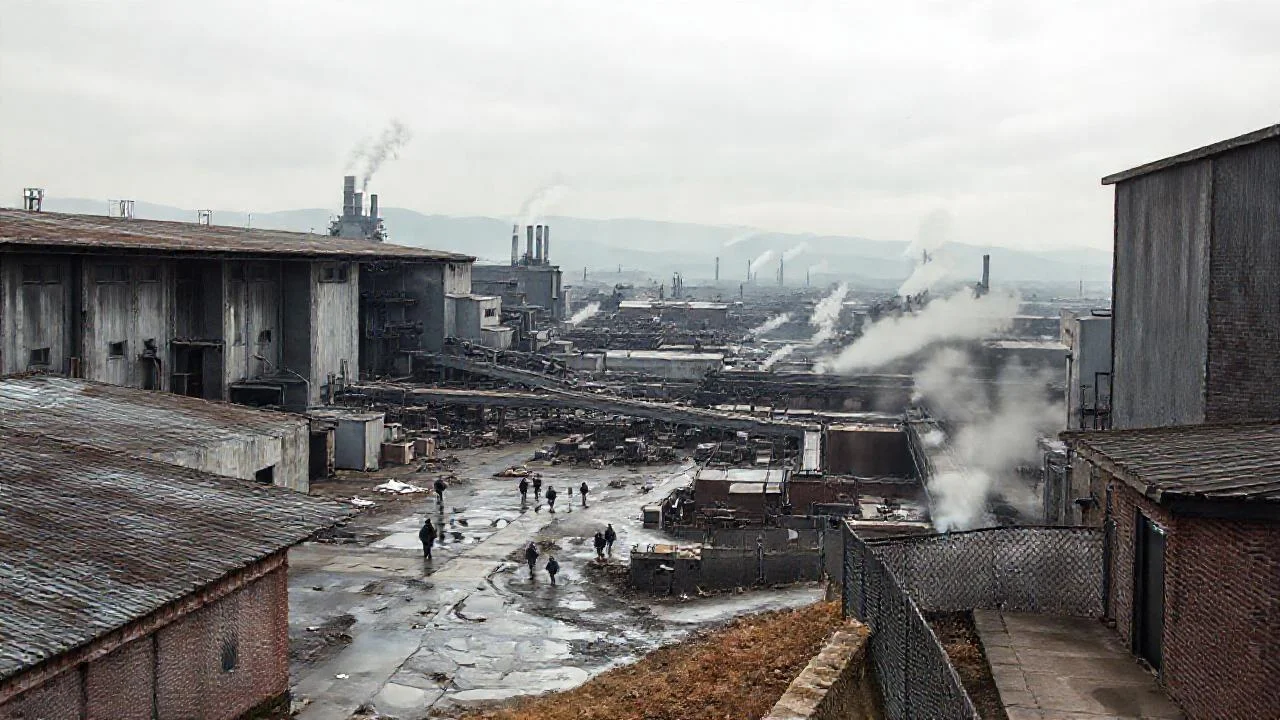Una fábrica industrial, vasta y sombría