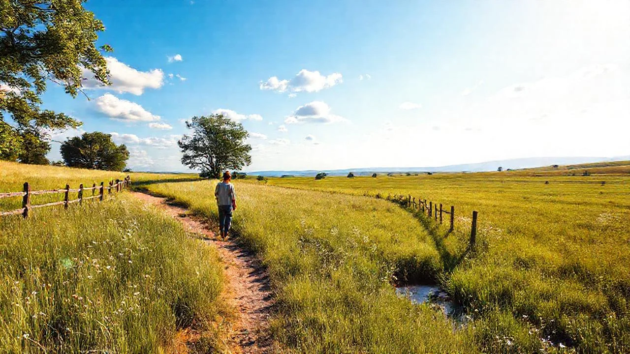 Campo soleado, figura solitaria, paz tranquila