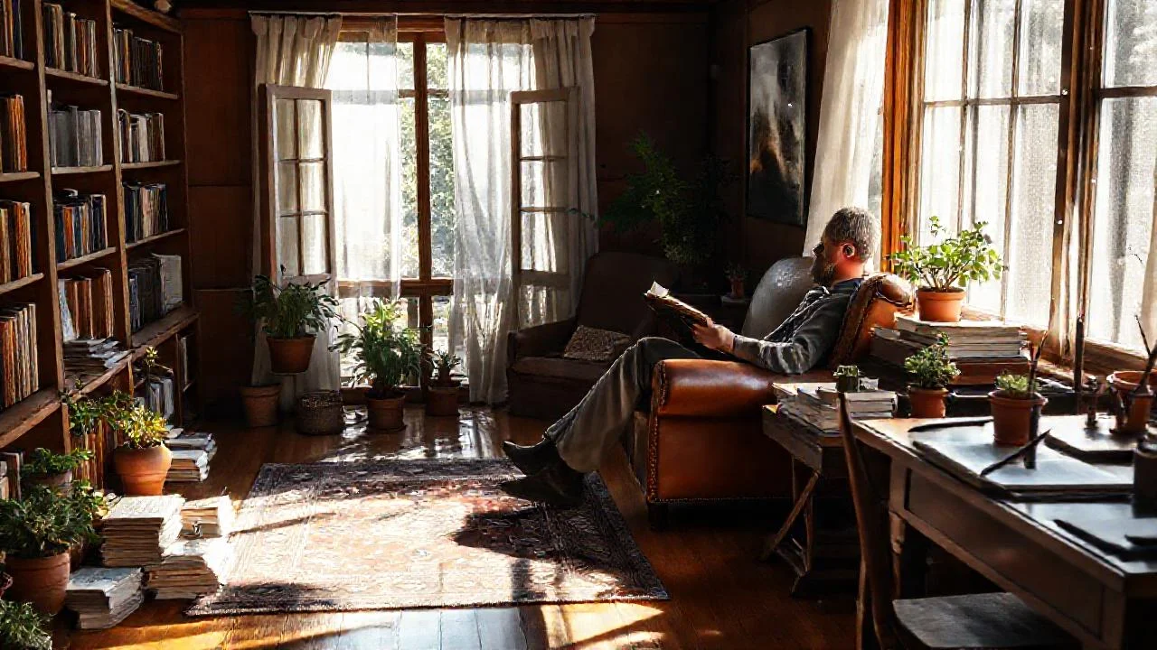 Un hombre lee en un estudio soleado