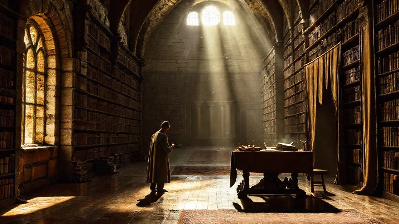 Un erudito lee en una biblioteca antigua