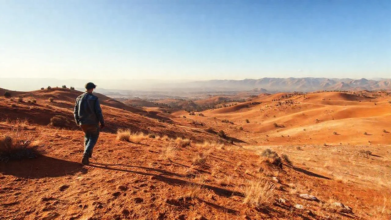 Un caminante observa un paisaje árido
