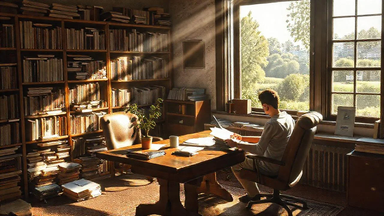 Un estudiante lee en un despacho soleado