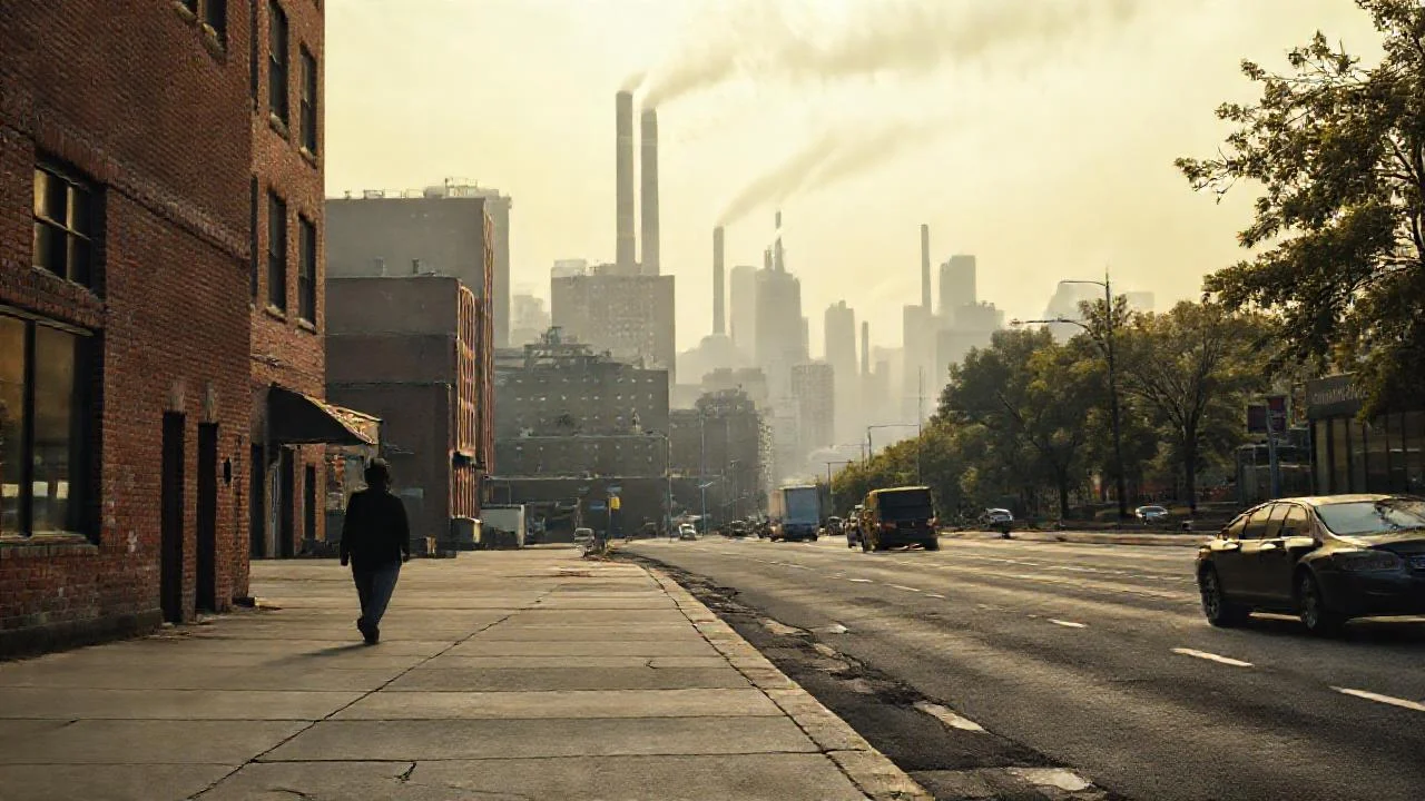Ciudad industrial densa, melancólica y distante