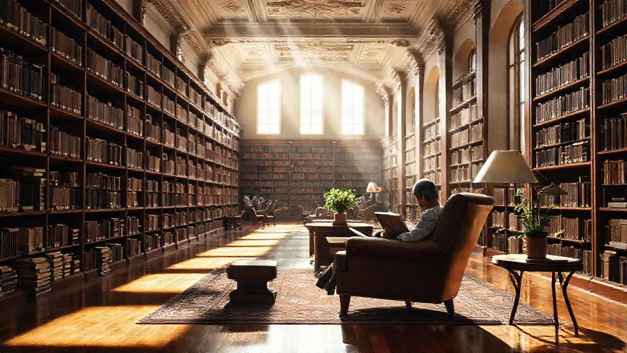 Una biblioteca tranquila y luminosa leía