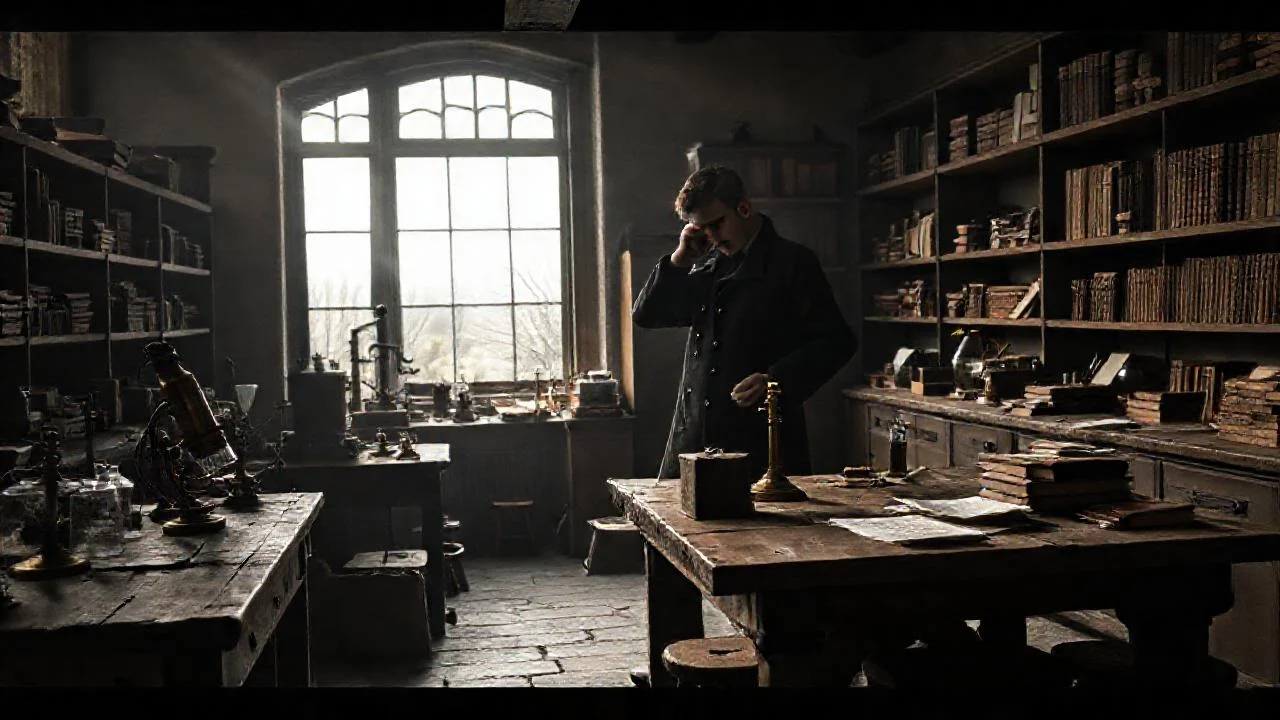 Laboratorio antiguo, luz tenue, estudio concentrado