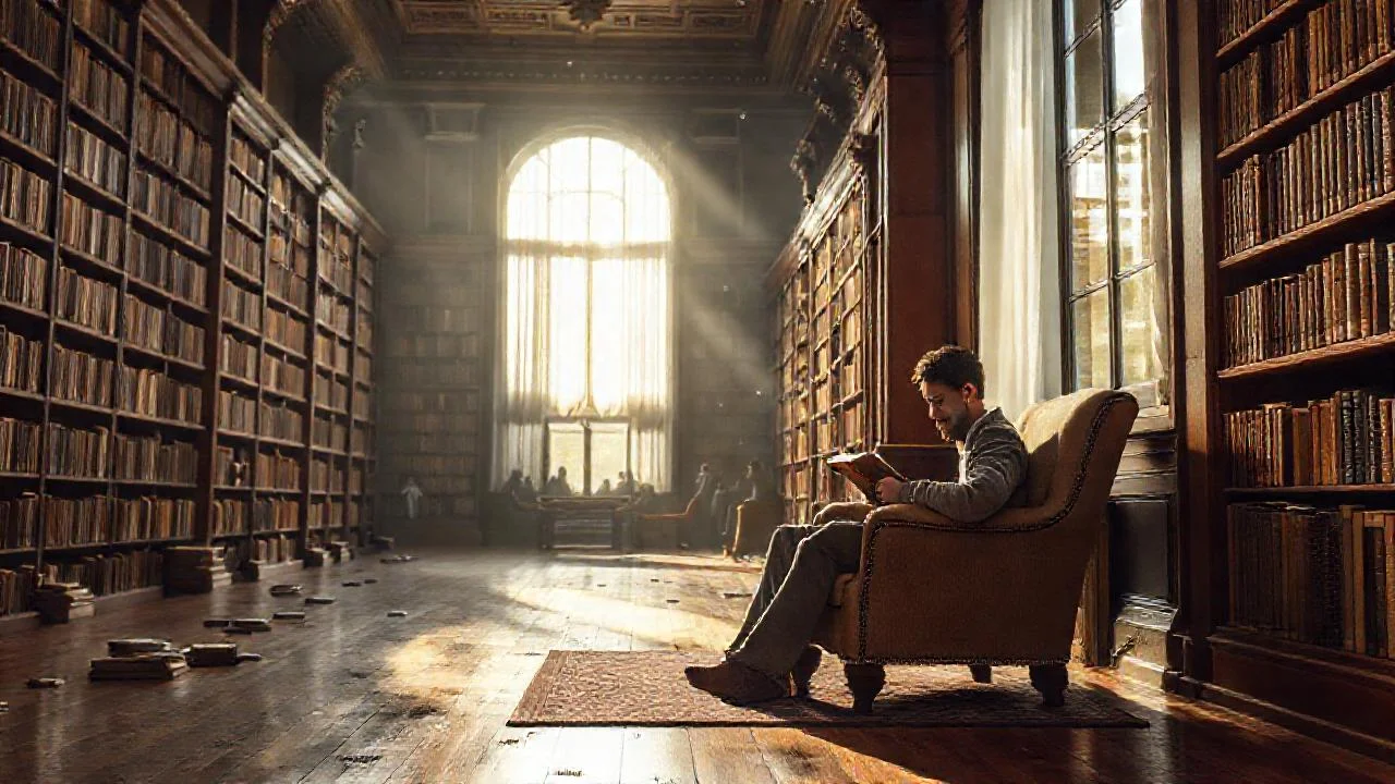 Un hombre lee en biblioteca serena