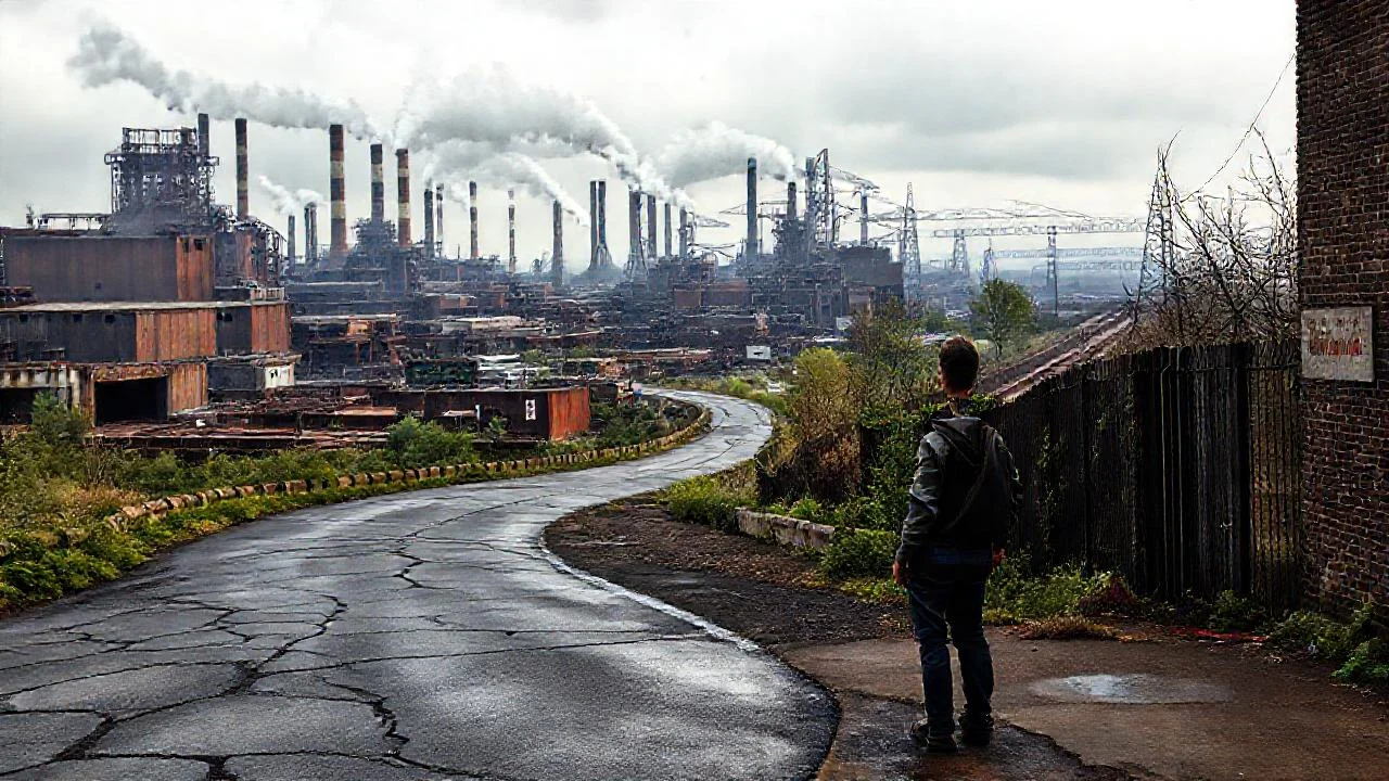 Desolación industrial, figura solitaria y sombras