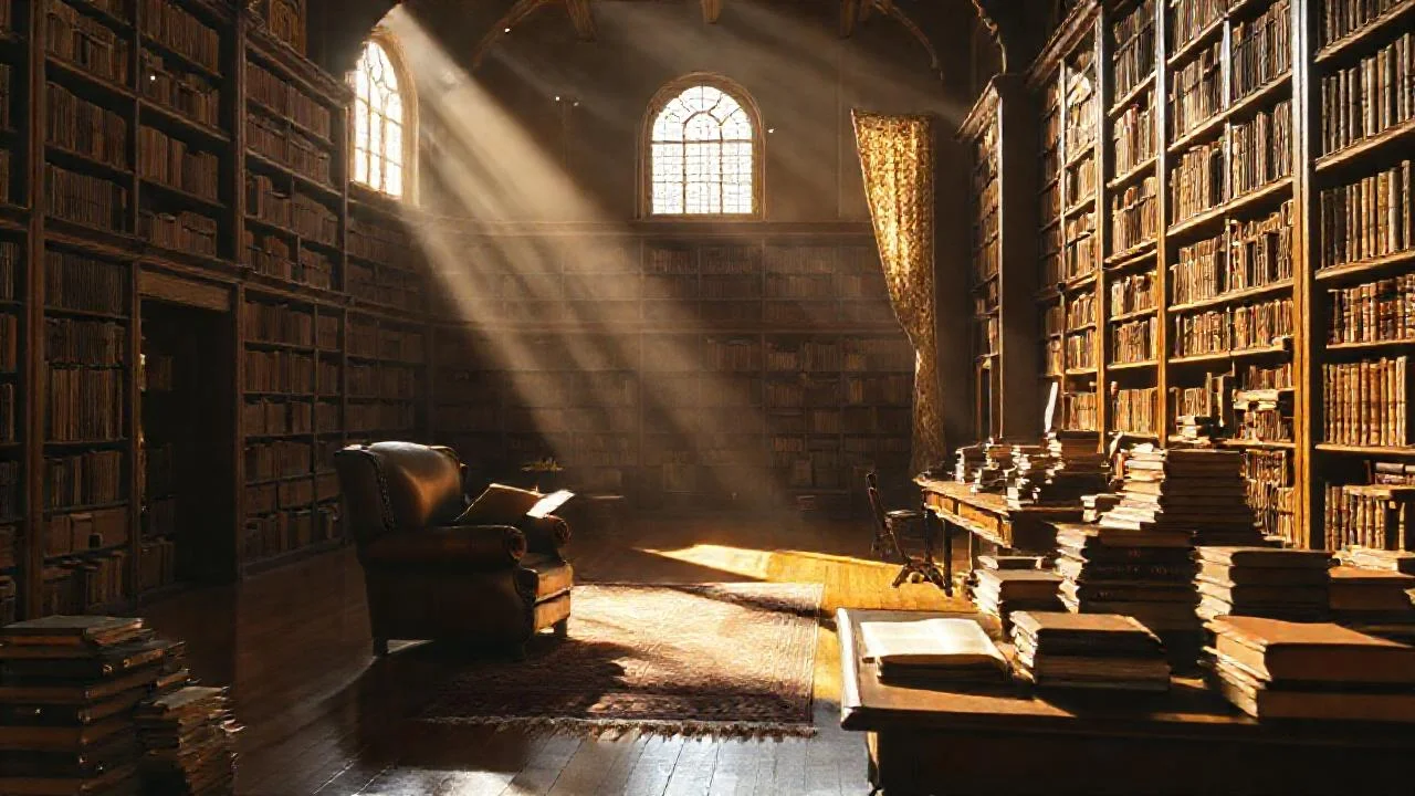 Biblioteca tranquila, luz y libros antiguos