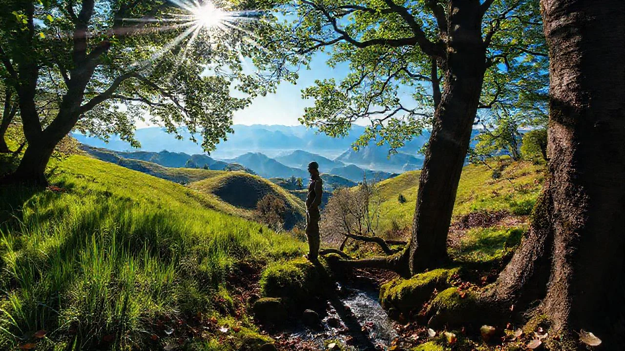 Bosque tranquilo, luz y sombras danzantes