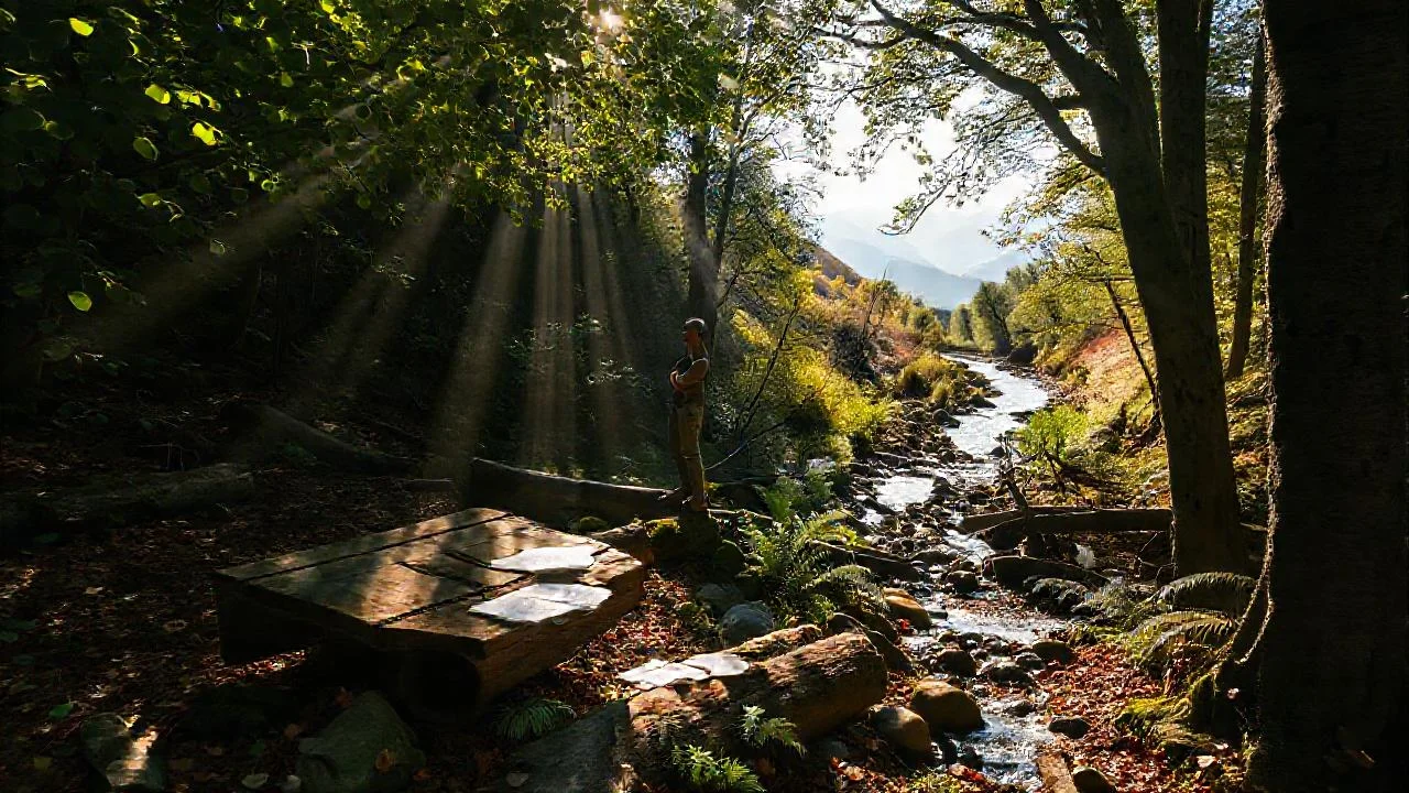 Bosque tranquilo, luz filtrada y contemplación