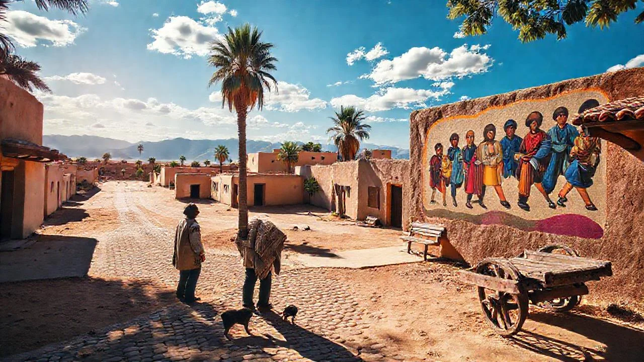 Un plaza soleada y rural se revela