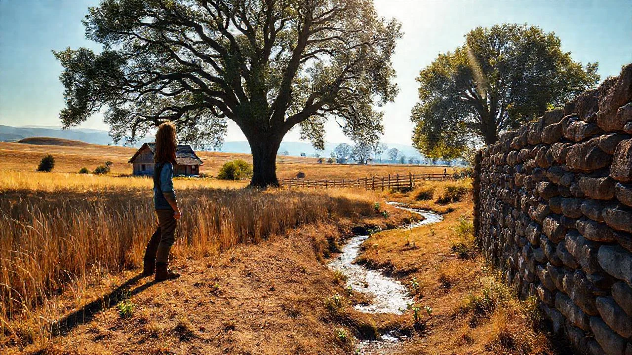 Campo sereno, figura solitaria, quietud rural