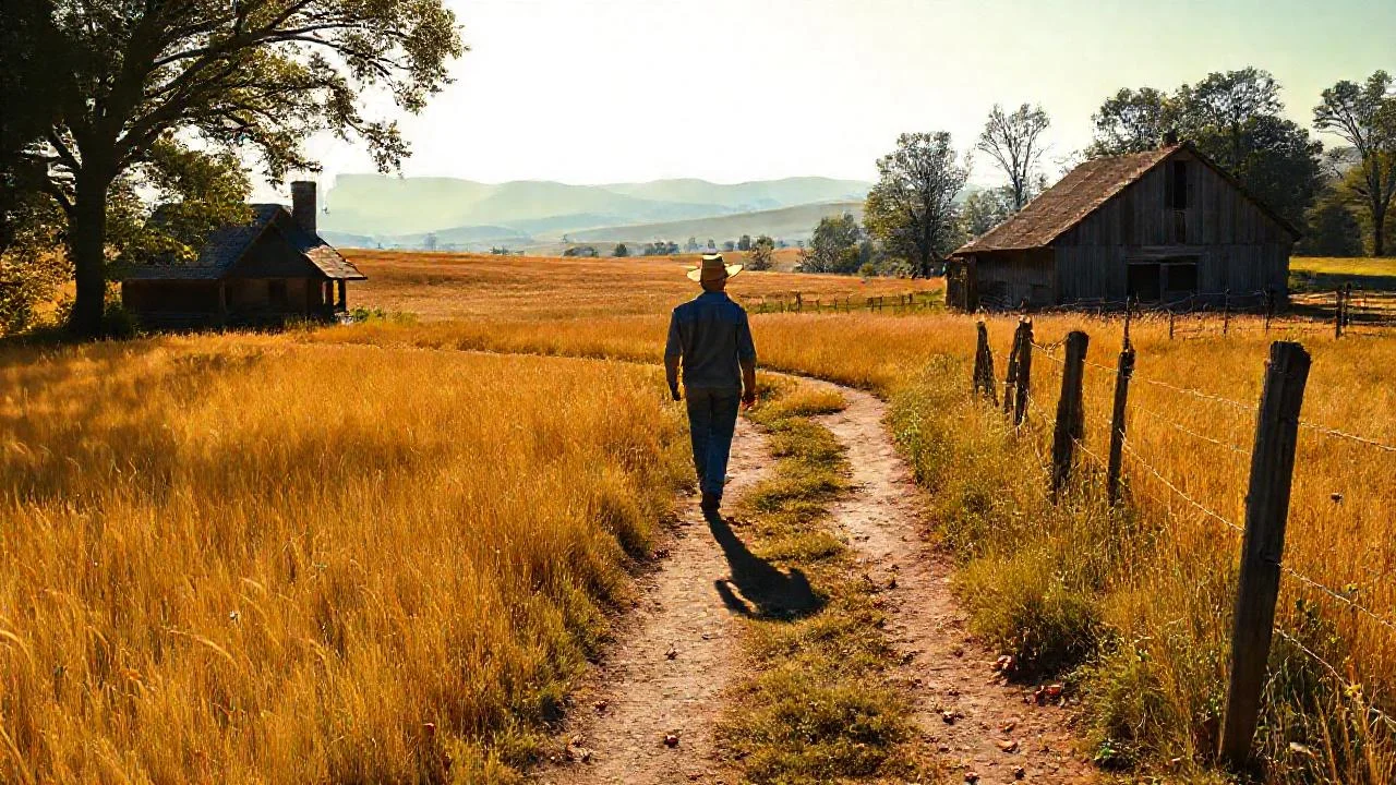 Campo tranquilo, luz dorada, figura solitaria