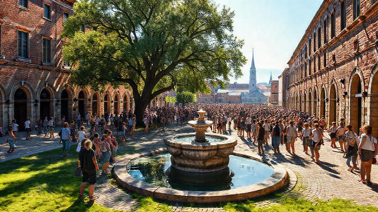 Plaza serena, vida tranquila y colorida