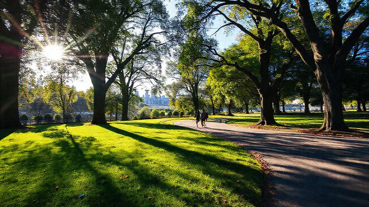 Parque tranquilo, luz solar y paseo