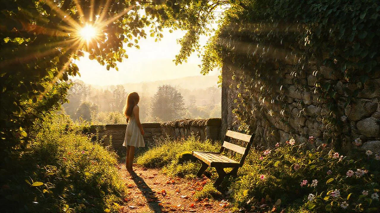 Un jardín tranquilo, iluminado por el sol