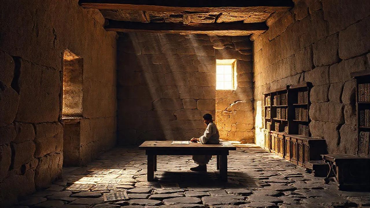 Un hombre estudia en un templo antiguo
