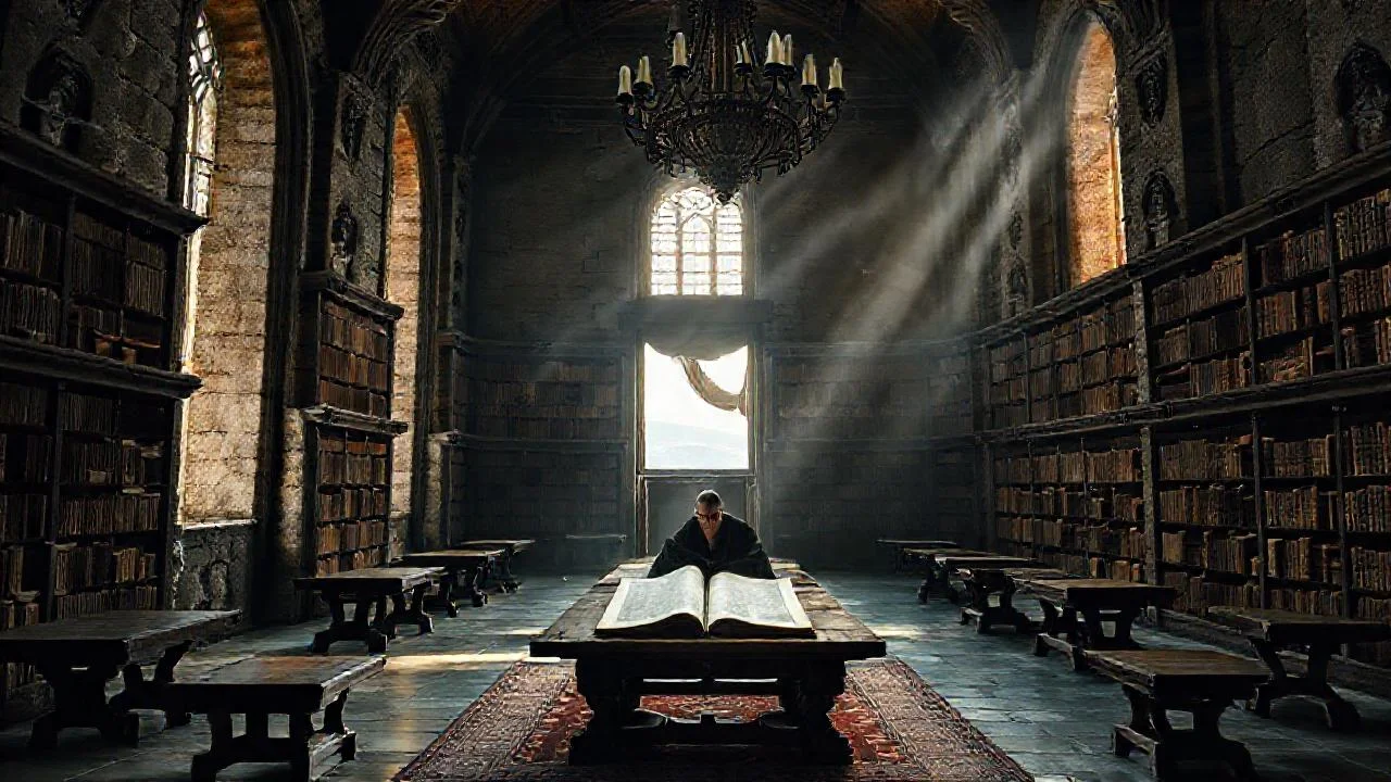 Un bibliotecario lee un antiguo pergamino