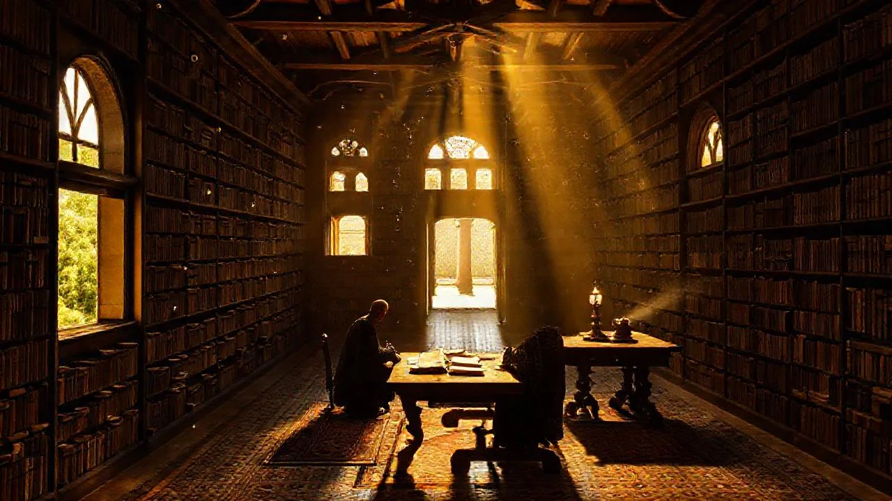 Silencio antiguo, biblioteca mística y serena