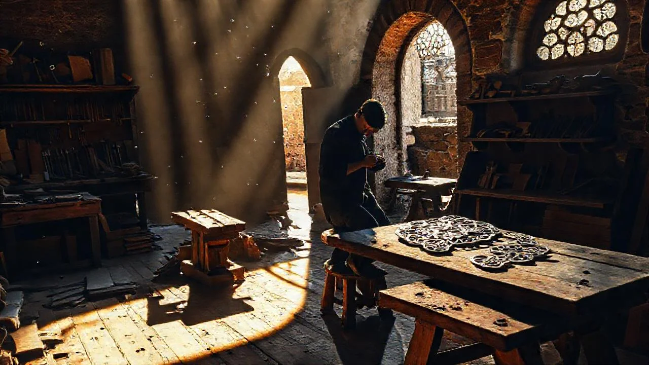 Un artesano trabaja en un taller antiguo