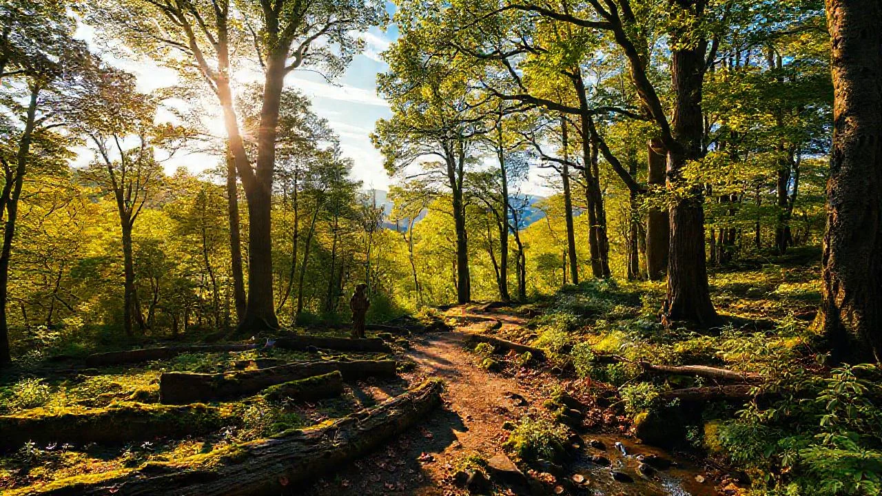 Bosque sereno, luz dorada, naturaleza rica