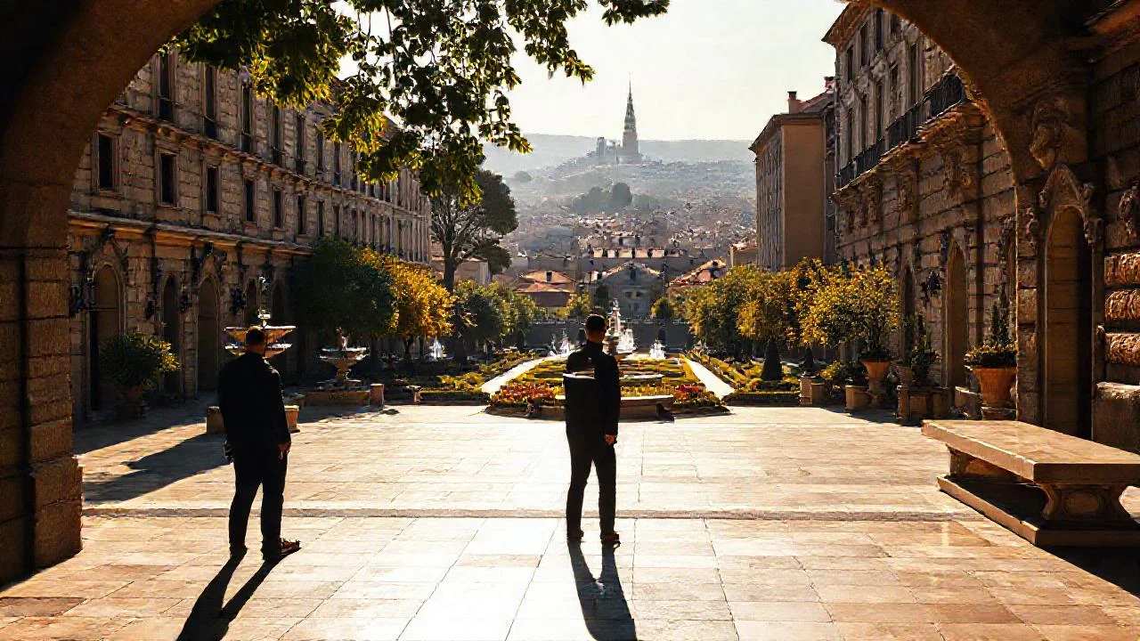 Plaza soleada, piedra, quietud y sombra