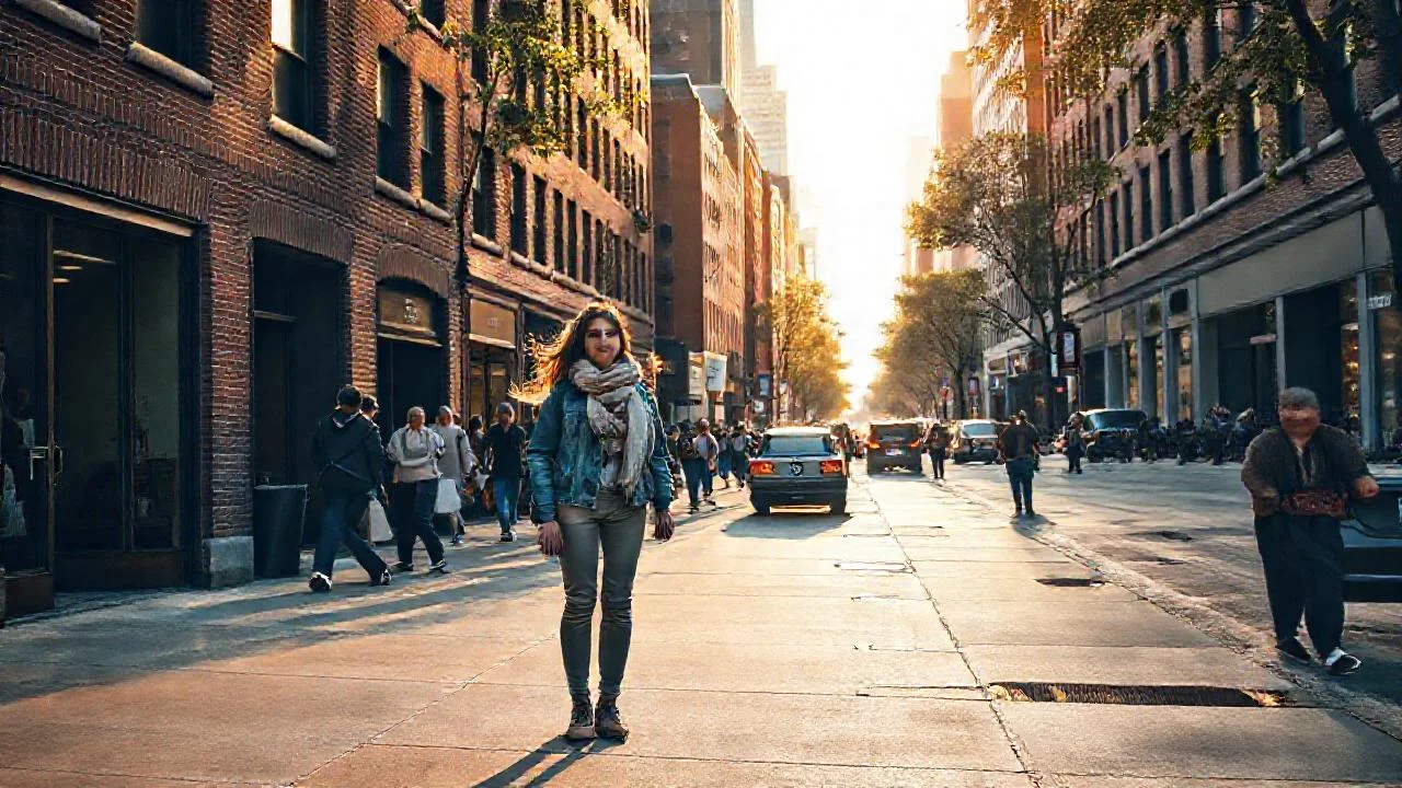 Ciudad vibrante bajo luz cálida