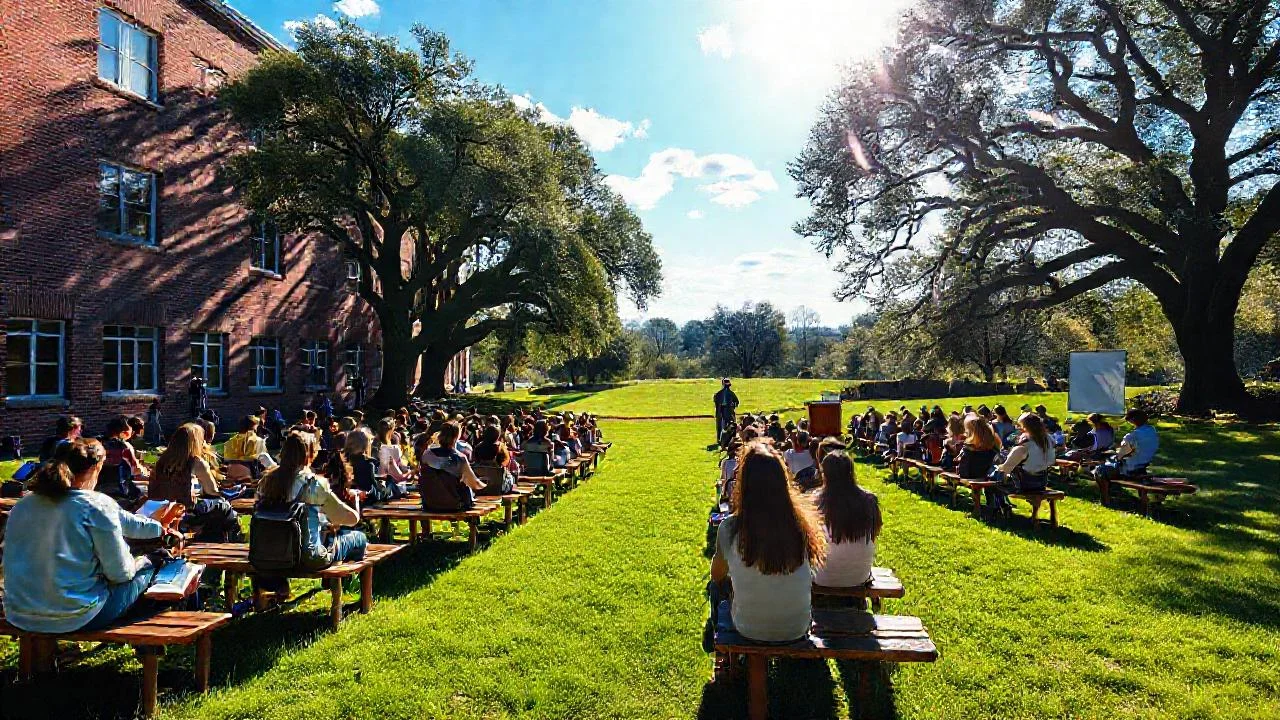 Estudiantes aprenden bajo la luz solar