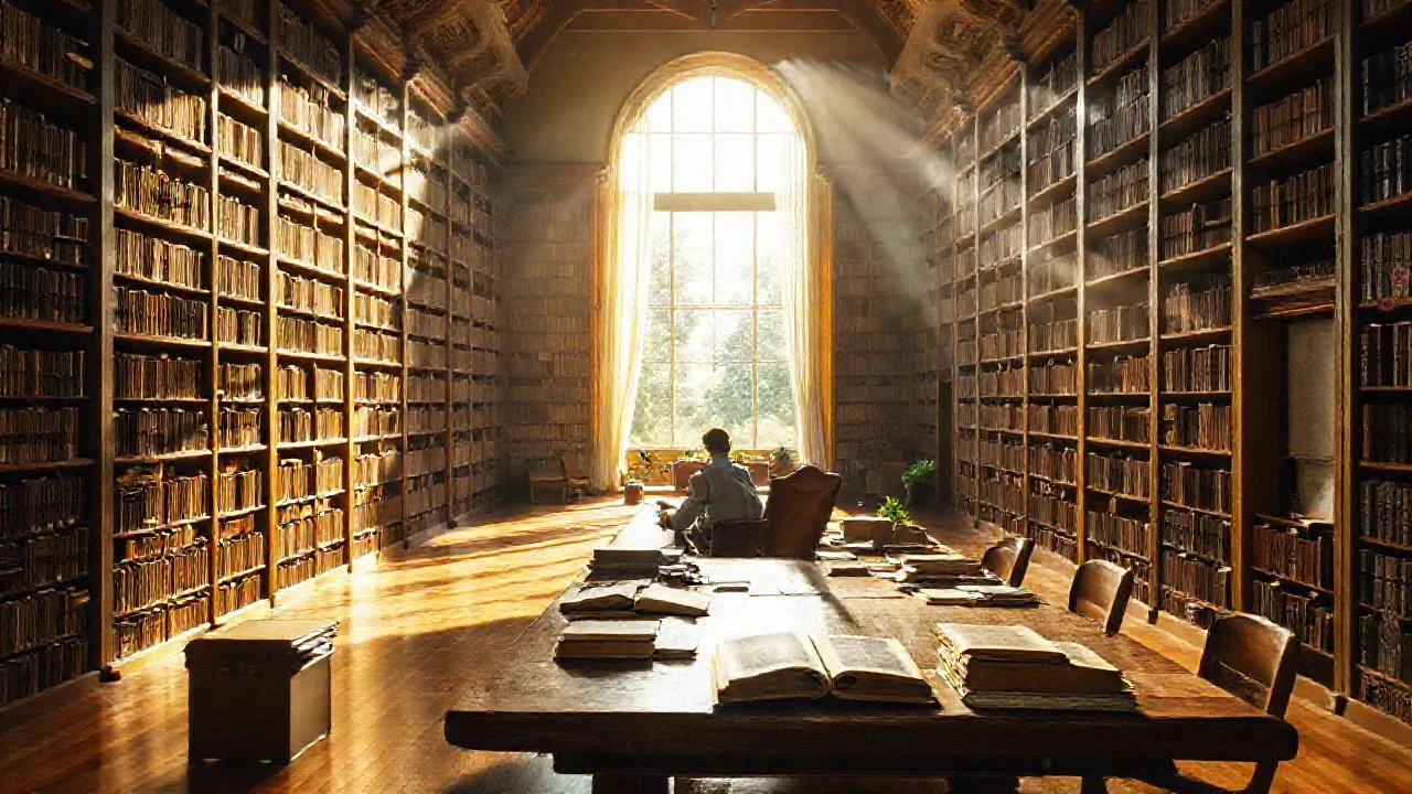 Un lector contemplativo en biblioteca tranquila