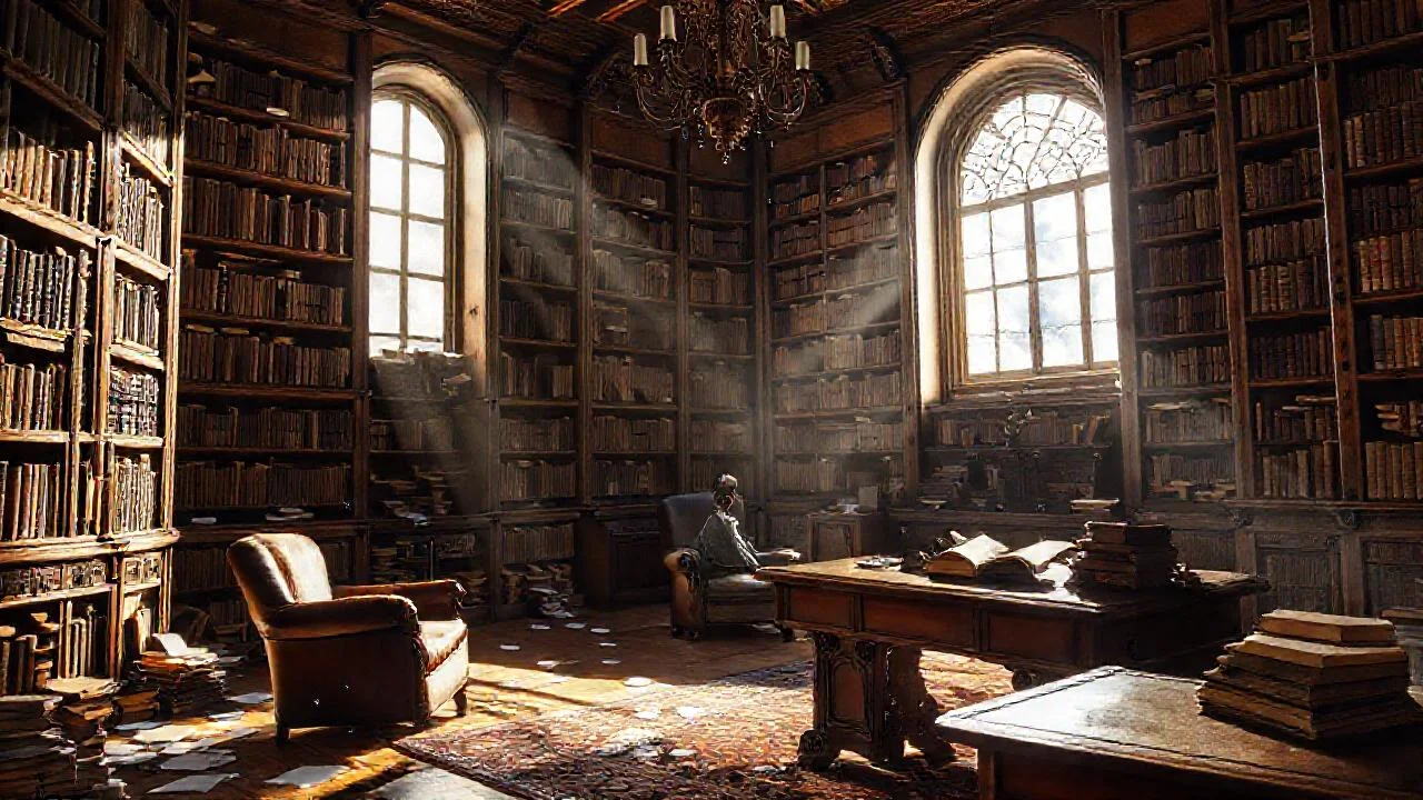 Silencio y libros en luz tenue