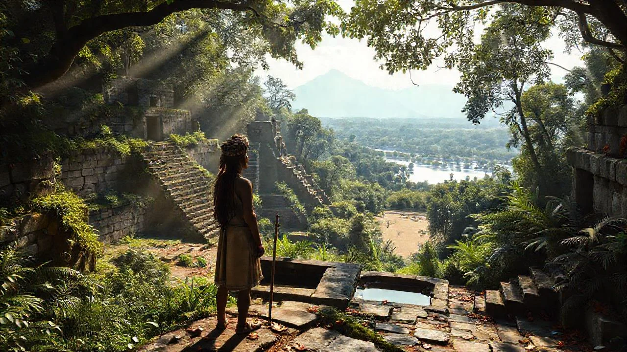Un observador contempla ruinas ancestrales serenas