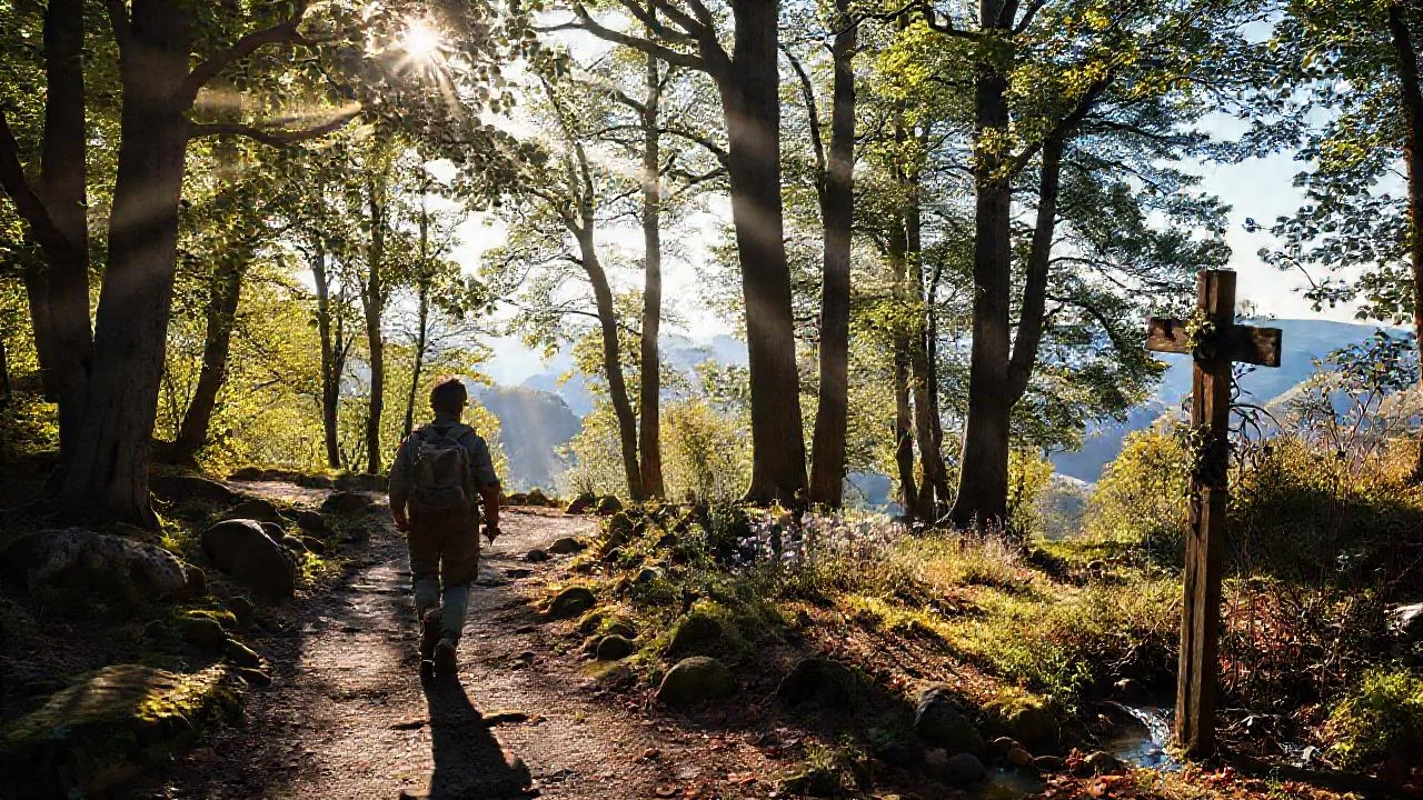 Bosque sereno, camino solitario y profundo