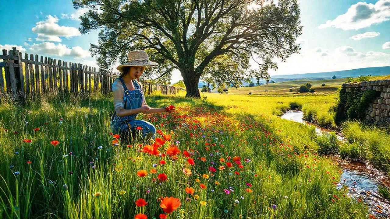 Mujer observa flores en campo sereno