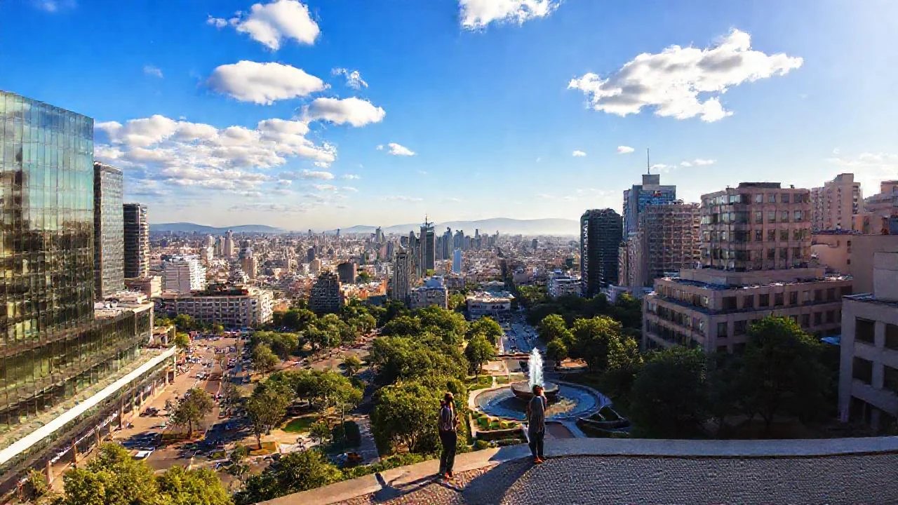 Ciudad vibrante, luz cálida y profundidad