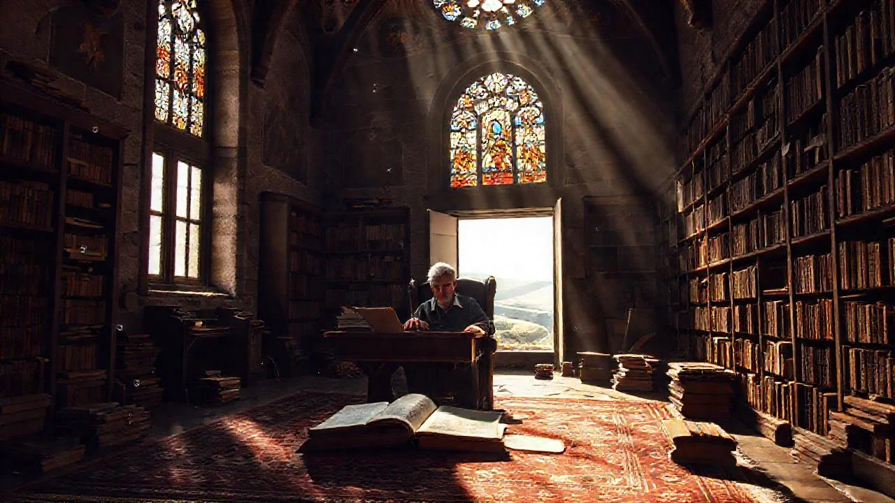 Un anciano lee entre luz antigua