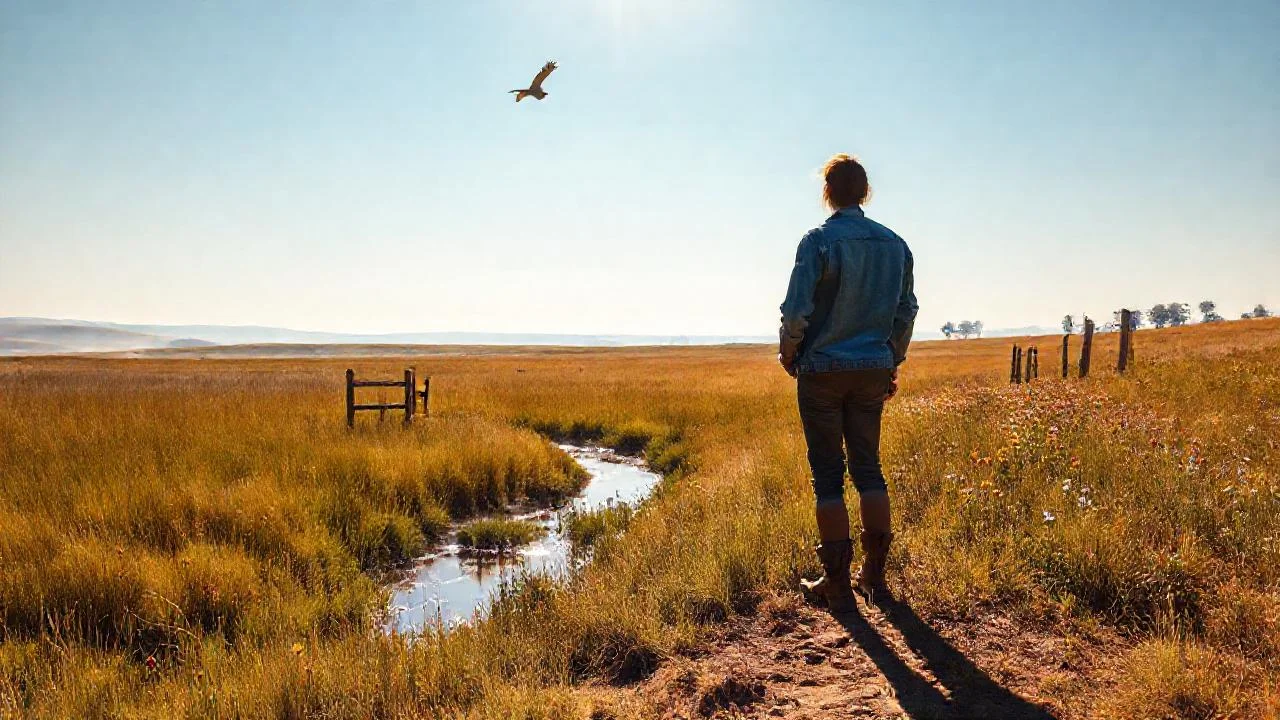 Campo soleado, figura solitaria y silencio