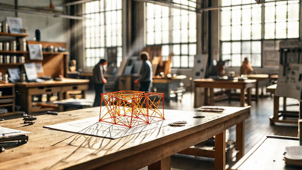 Un taller iluminado observa un modelo geométrico