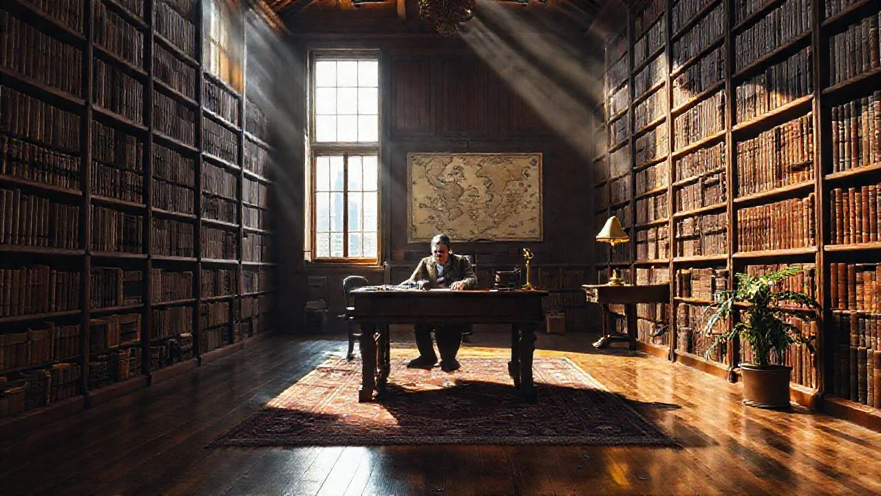Una biblioteca antigua respira luz y misterio