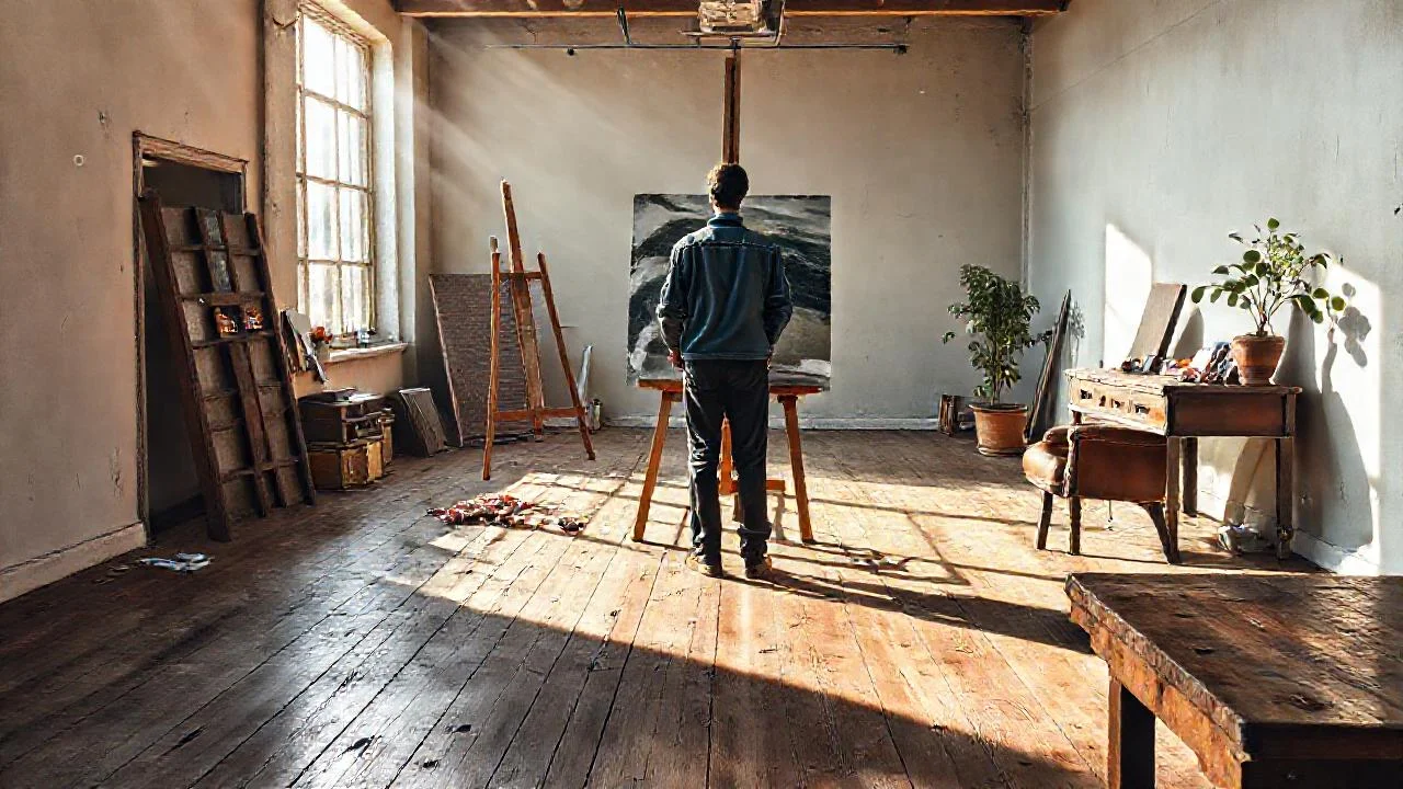 Artista contempla óleo en estudio
