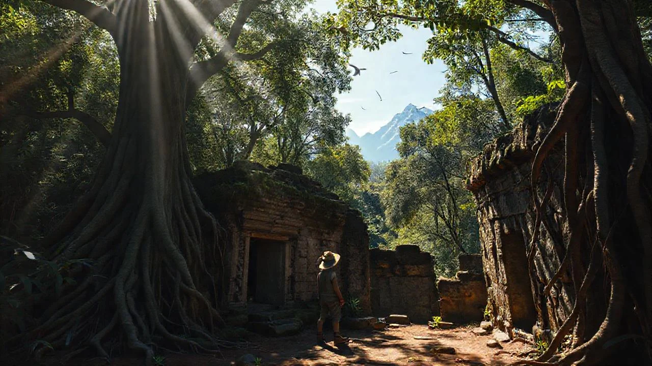 Silueta observa ruinas antiguas en la jungla