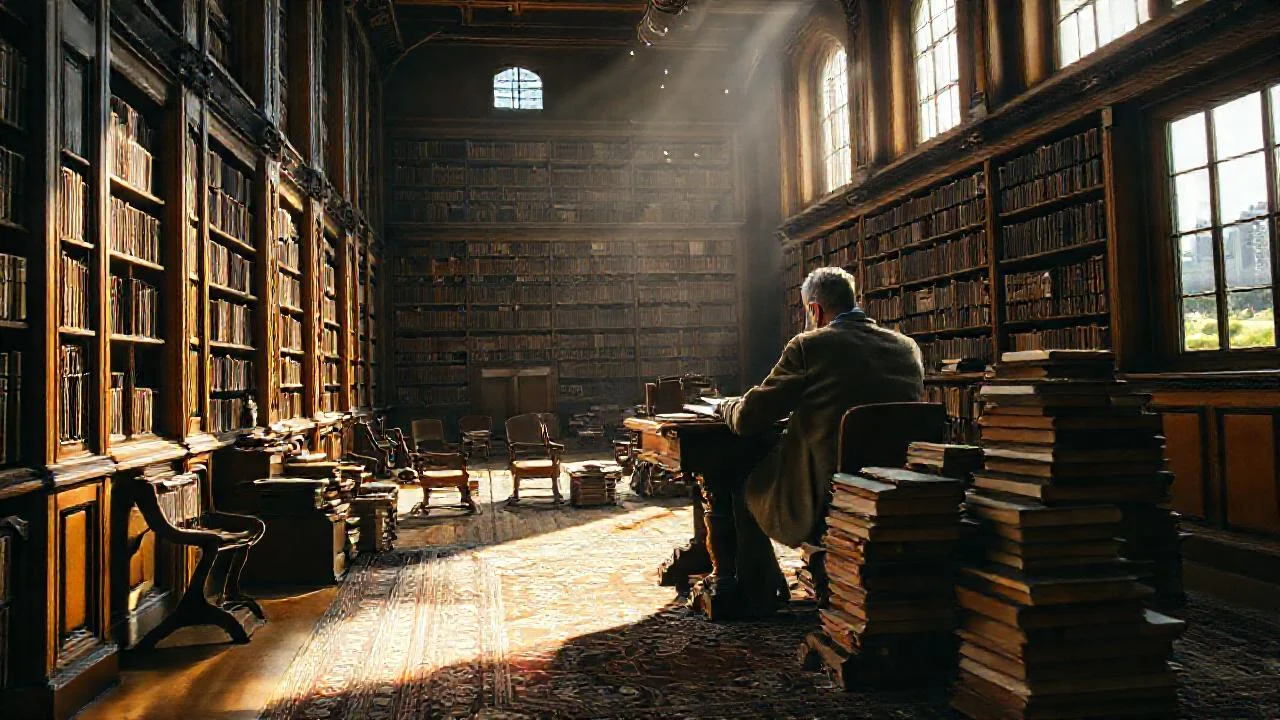 Un académico lee en biblioteca tranquila