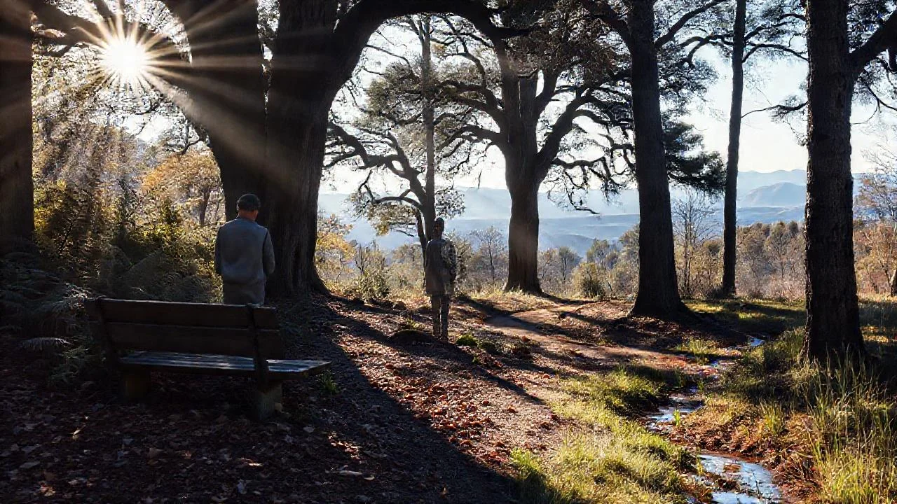 Silueta observa la luz del bosque