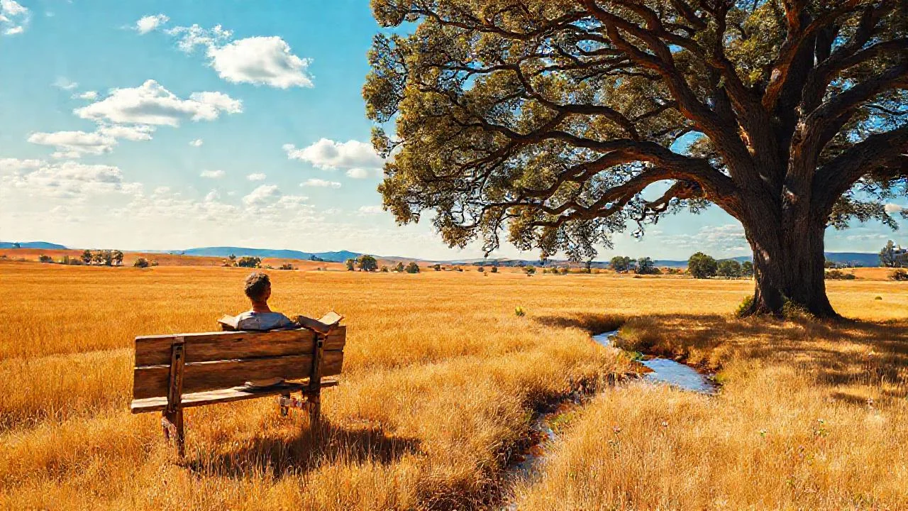 Un hombre lee, contemplando un campo dorado