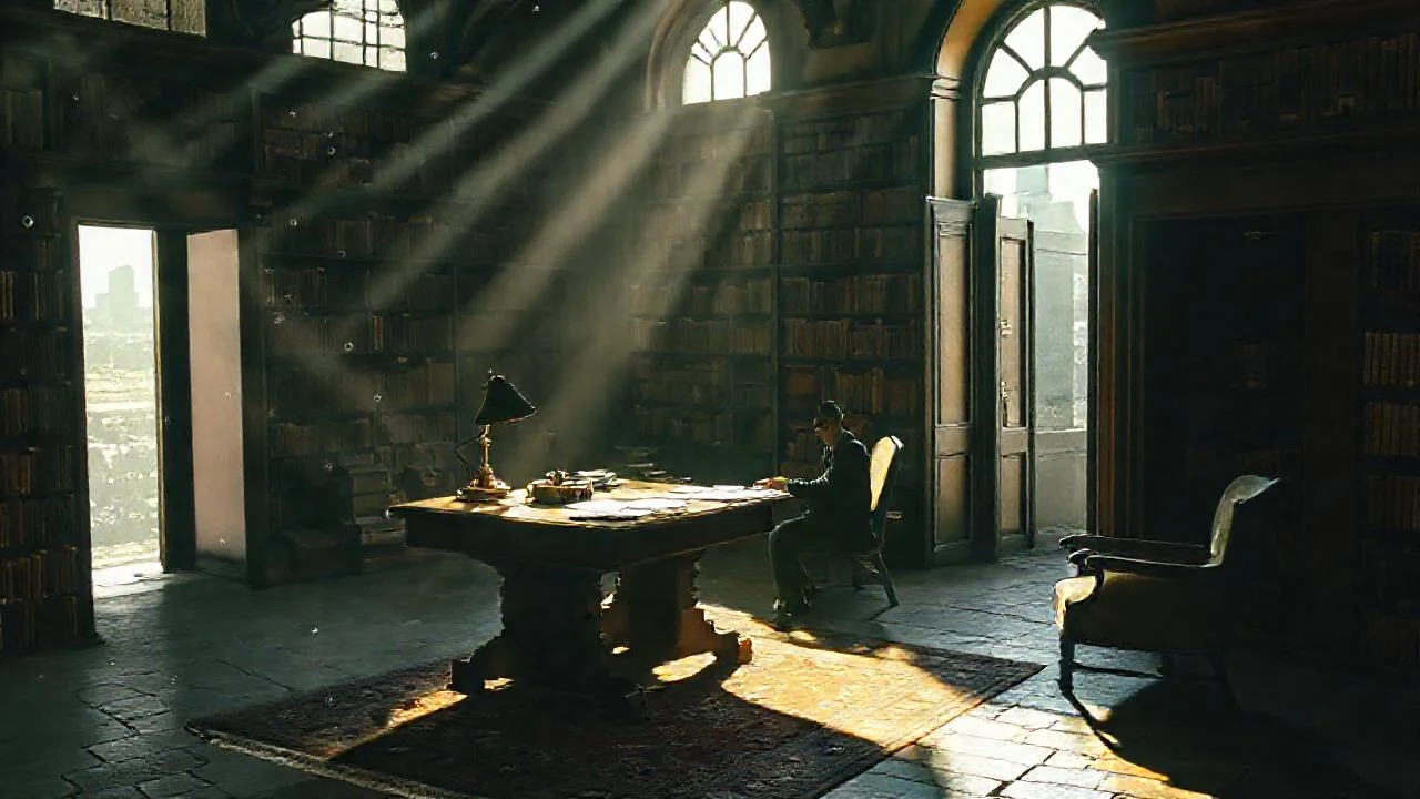 Una biblioteca antigua, silenciosa y contemplativa