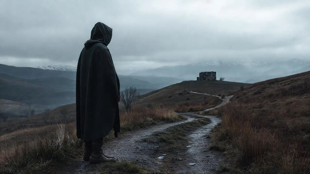 Un solitario viajero en paisaje sombrío