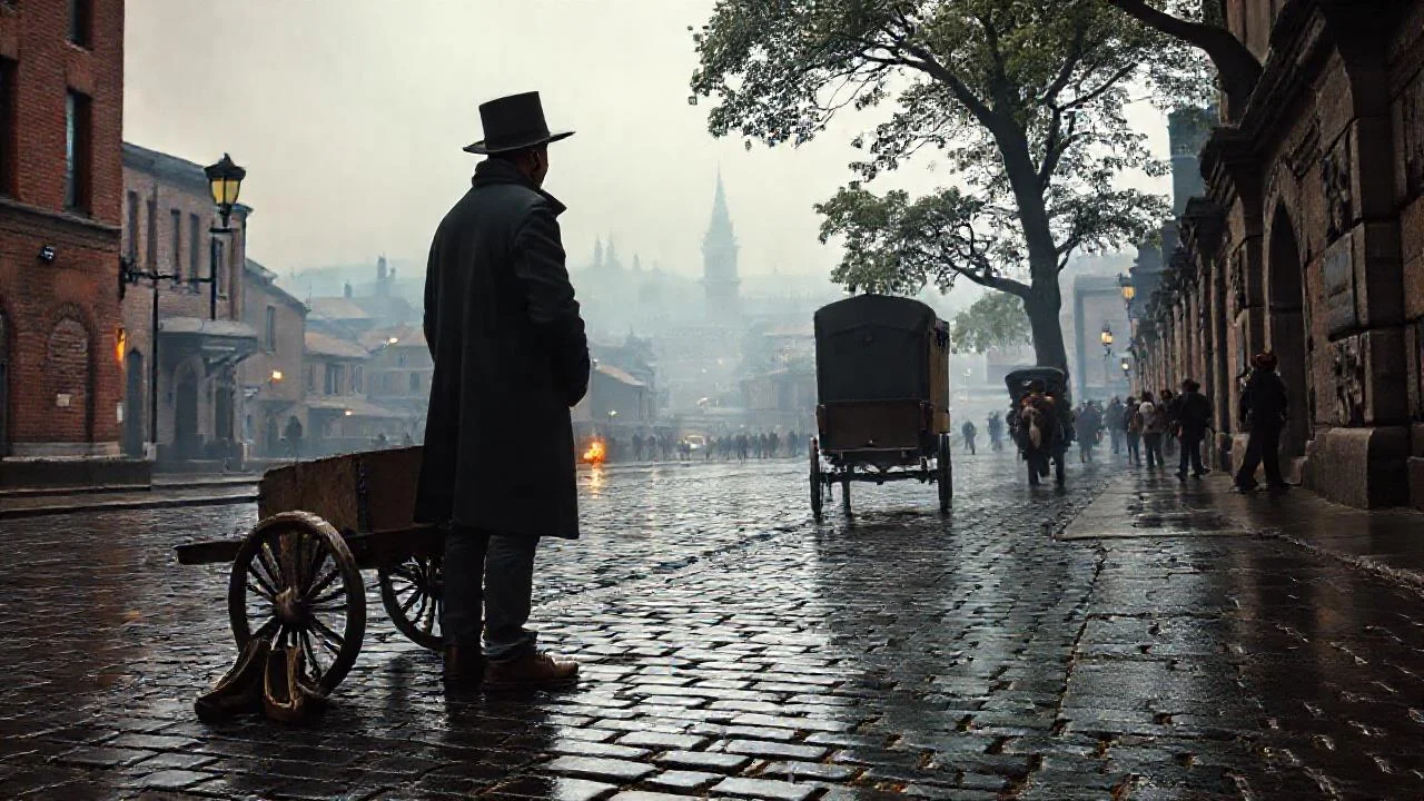 Una ciudad antigua, gris y lluviosa